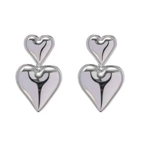Silver Double Heart Drop Earrings - Picture 1 of 2